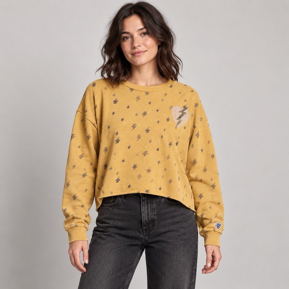 Junk Food Sweatshirt M Mustard Yellow Lightning Bolt Heart Crop Raw Hem Y2K Alt